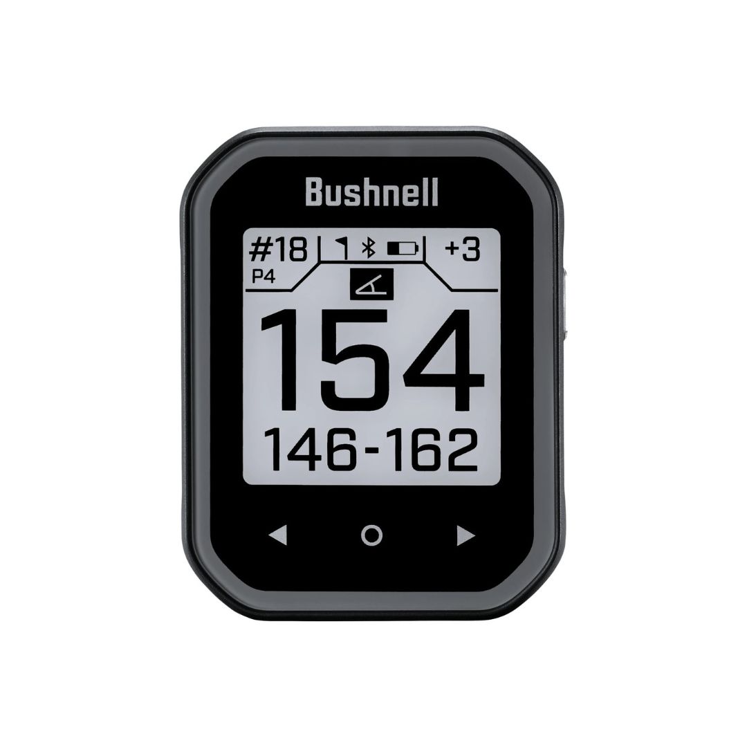 Bushnell golf gps device with a black and silver frame, displaying course information.