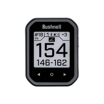 Bushnell golf gps device with a black and silver frame, displaying course information.