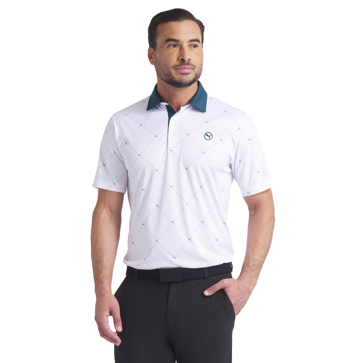 Puma Men's Golf Shirt | Pure 2.0 Argyle Polo | White Glow/Green Terrain