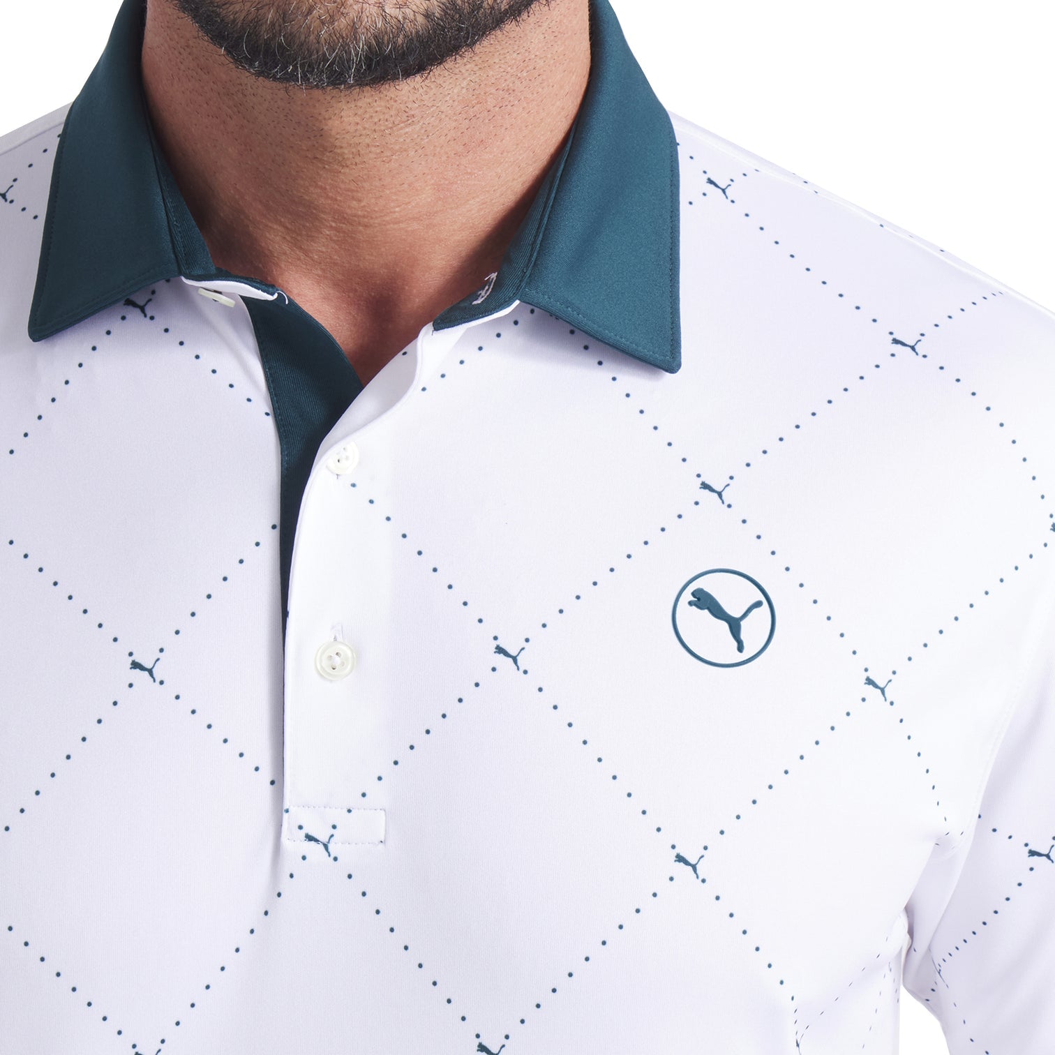 Puma Men's Golf Shirt | Pure 2.0 Argyle Polo | White Glow/Green Terrain