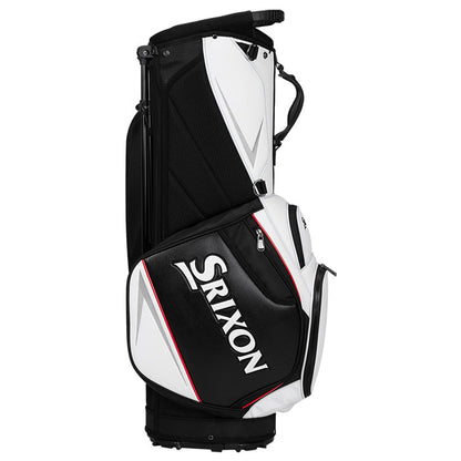 Srixon golf bag with black and white panels, red accents.