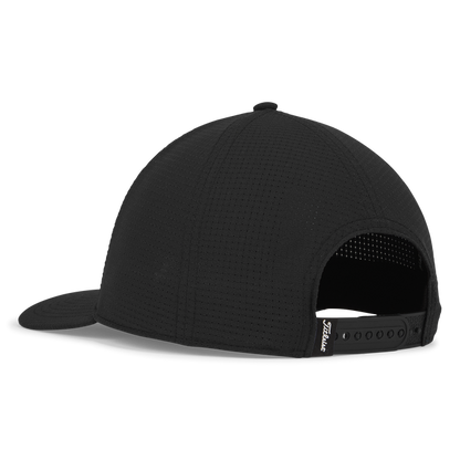 Black baseball cap with perforated back and adjustable strap, likely made of cotton or polyester.