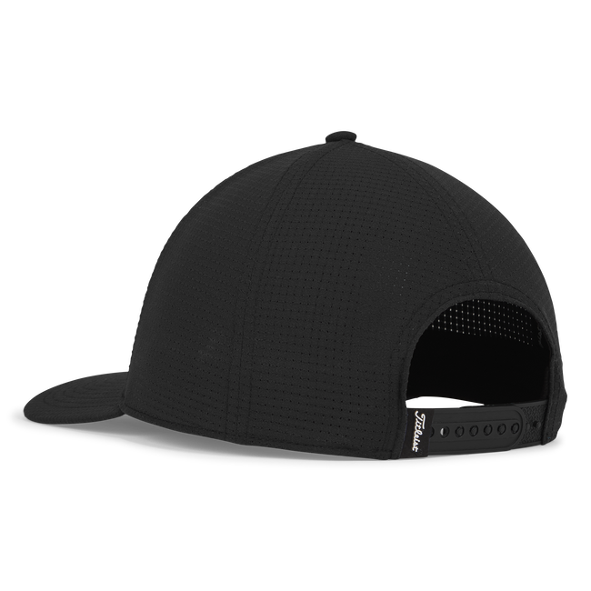 Black baseball cap with perforated back and adjustable strap, likely made of cotton or polyester.