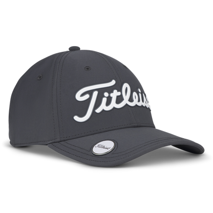 Titleist golf cap in dark gray with white logo and adjustable strap.