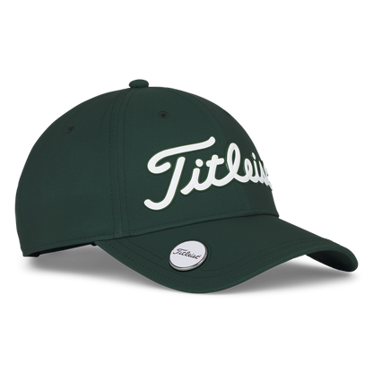 Dark green titleist golf cap with white logo and adjustable strap.