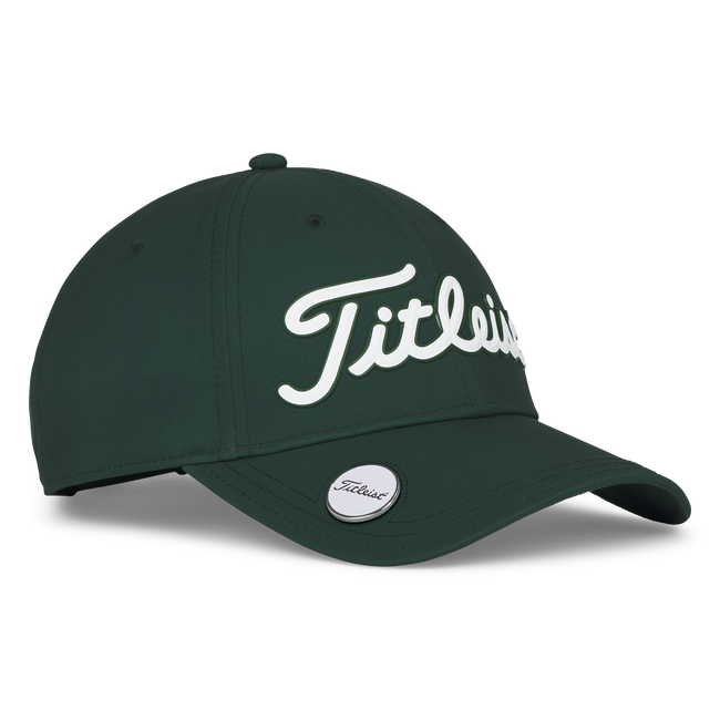 Dark green titleist golf cap with white logo and adjustable strap.