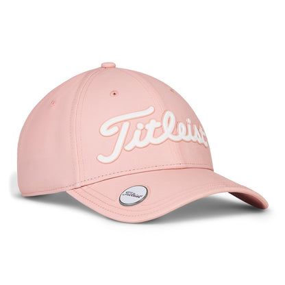 Pink titleist golf cap with white logo and adjustable strap.