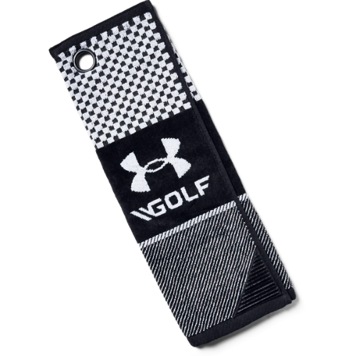 Black and white under armour golf towel with textured pattern.