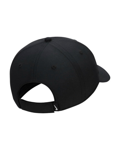Black baseball cap with adjustable strap and nike swoosh logo.