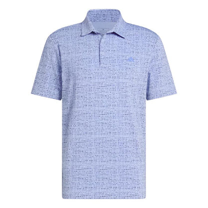 Blue and white patterned polo shirt with short sleeves, made of cotton.