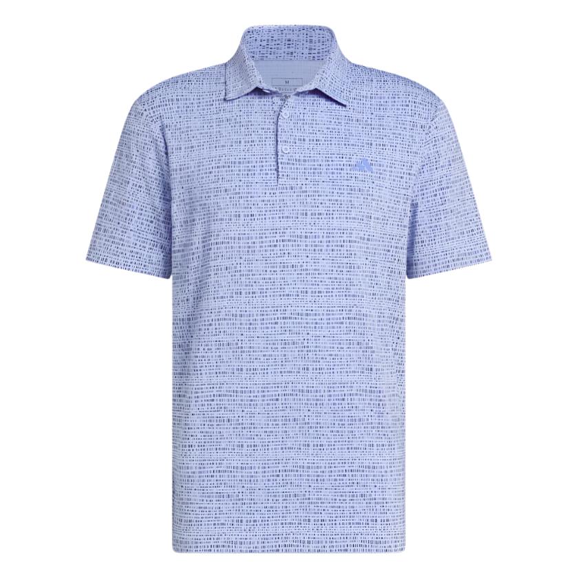 Blue and white patterned polo shirt with short sleeves, made of cotton.