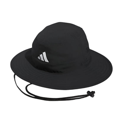 Black adidas sun hat with adjustable chin strap and reflective stripe.
