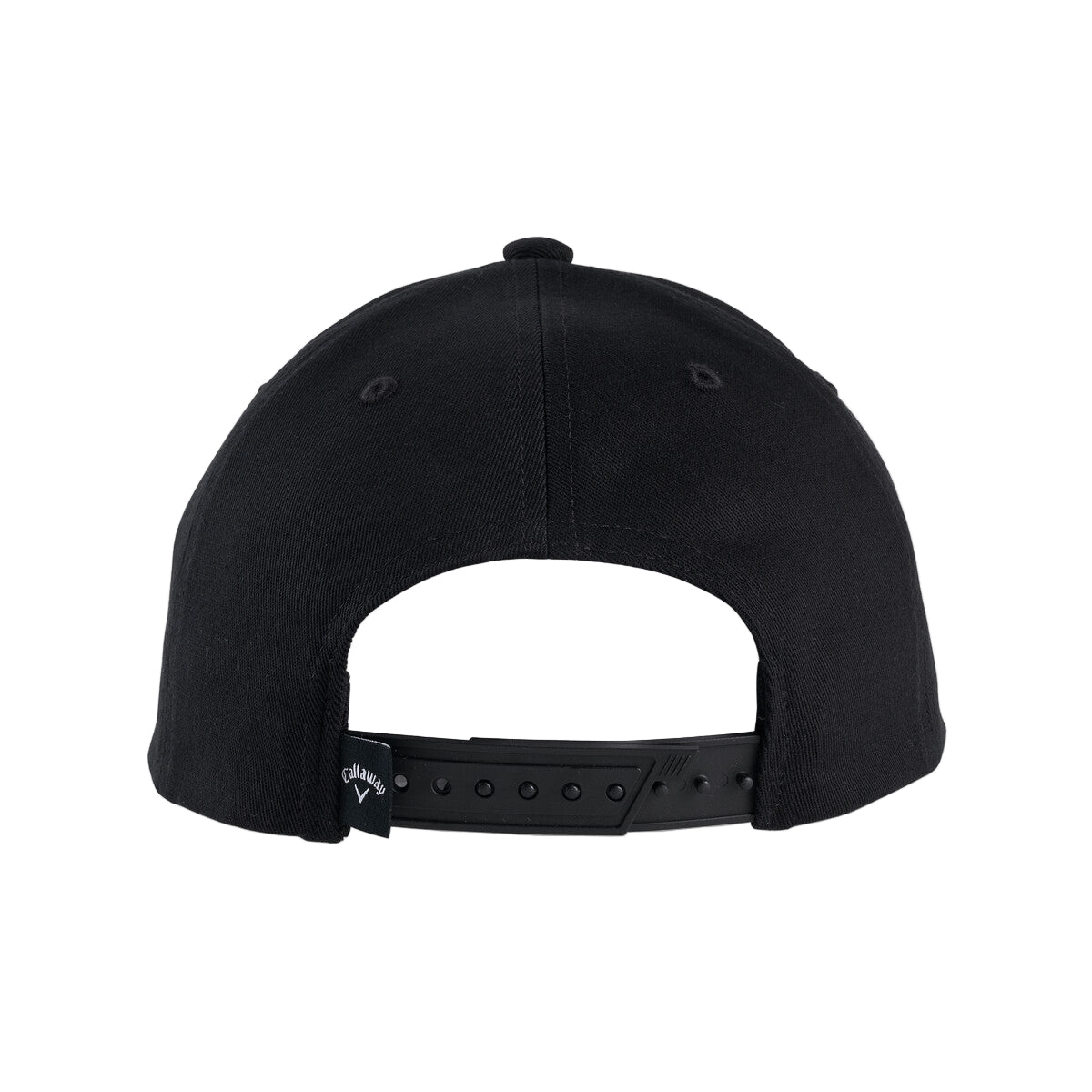 Black baseball cap with adjustable strap and button closure, likely made of cotton or polyester fabric.