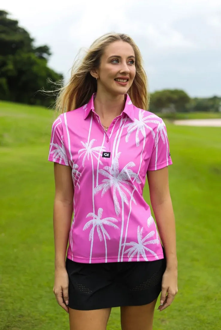 Custom Apparel Womens Funky Golf Shirt | Pink Tropics