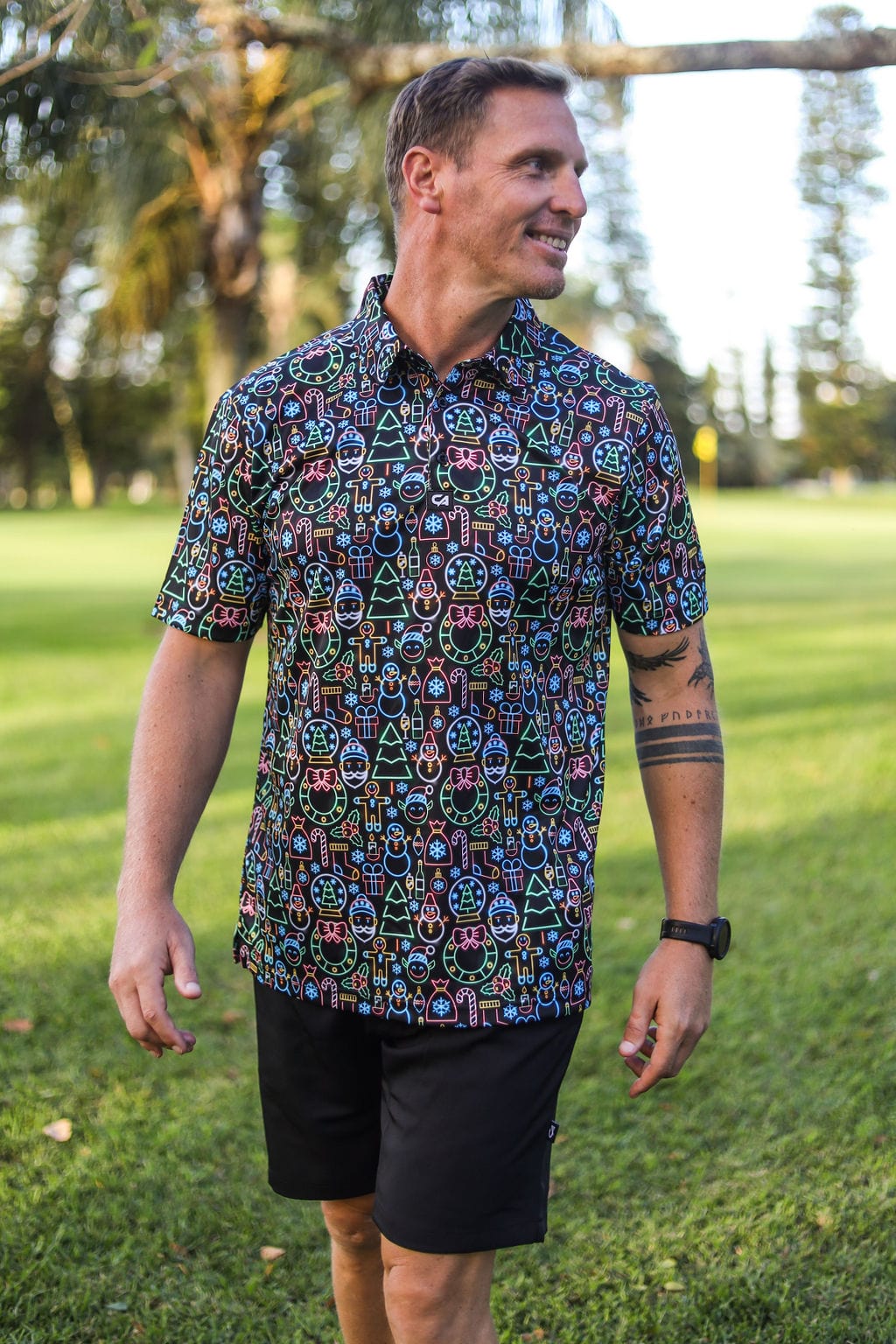 Custom Apparel Mens Funky Golf Shirt | Neon Christmas