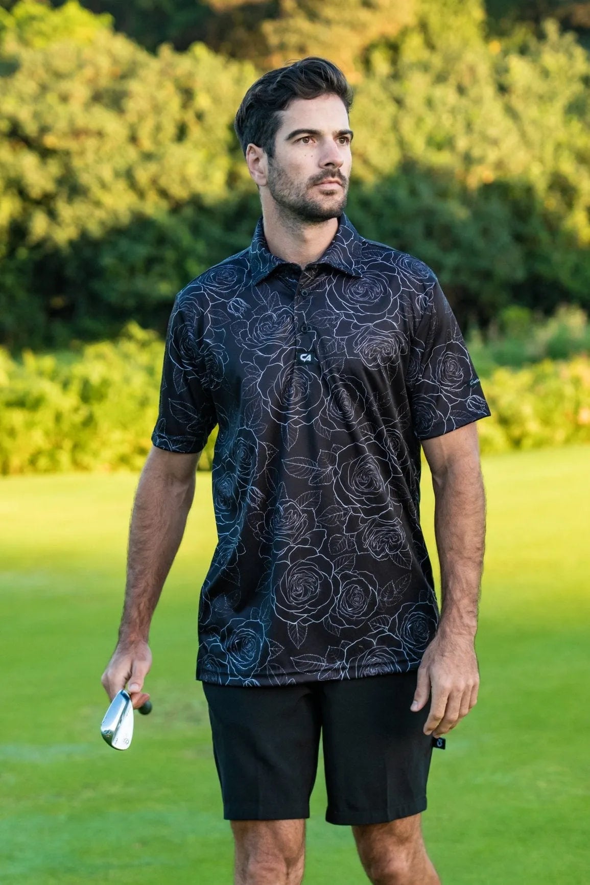 Custom Apparel Mens Funky Golf Shirt | Black and White Roses