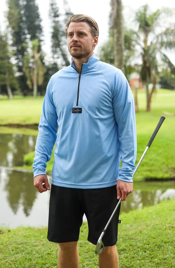 Custom Apparel Mens Golf Jersey | Quarter Zip | Sky Blue