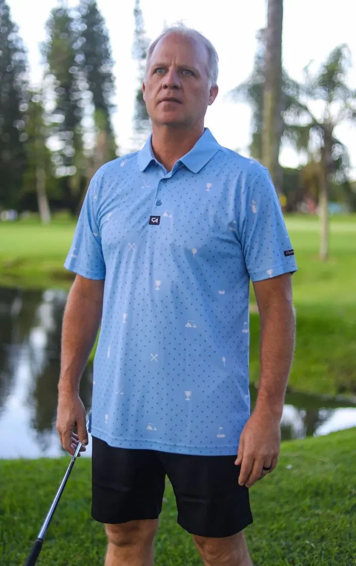 Custom Apparel Mens Golf Shirt | Statement | Light Blue-White
