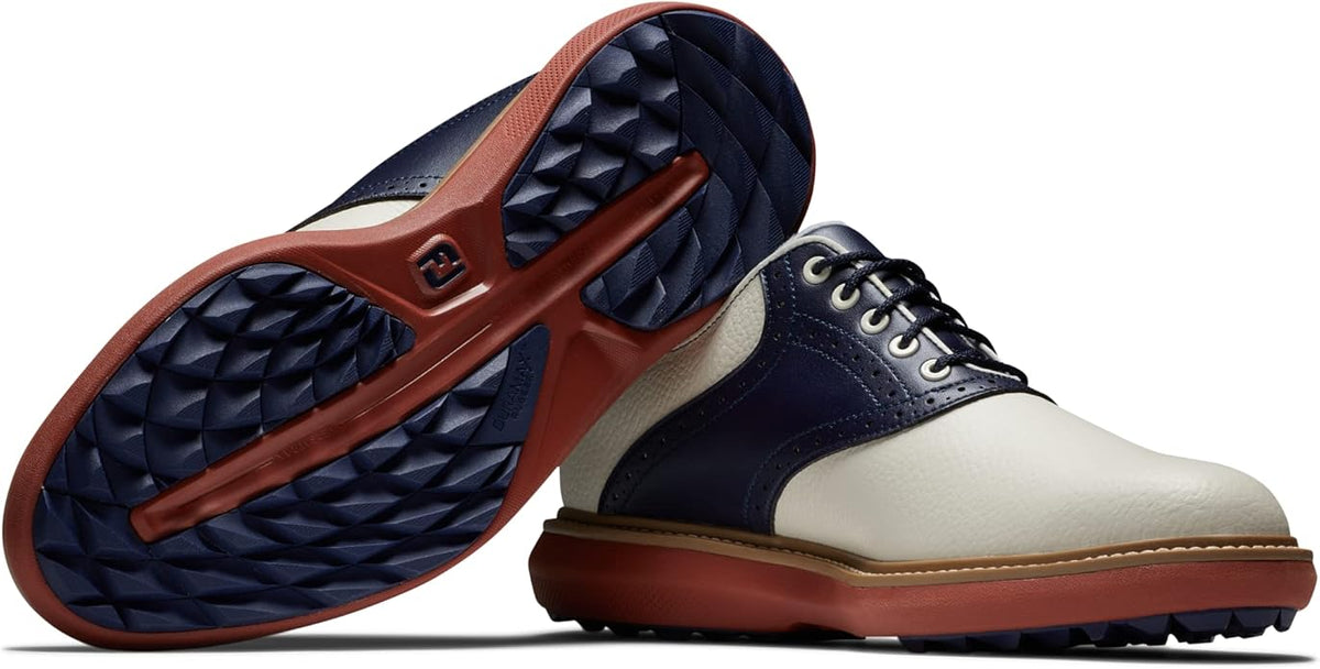 [57925105M] Footjoy Mens Golf Shoes | Traditions | Spikeless | White-Navy-Brick f6 (UK9.5)