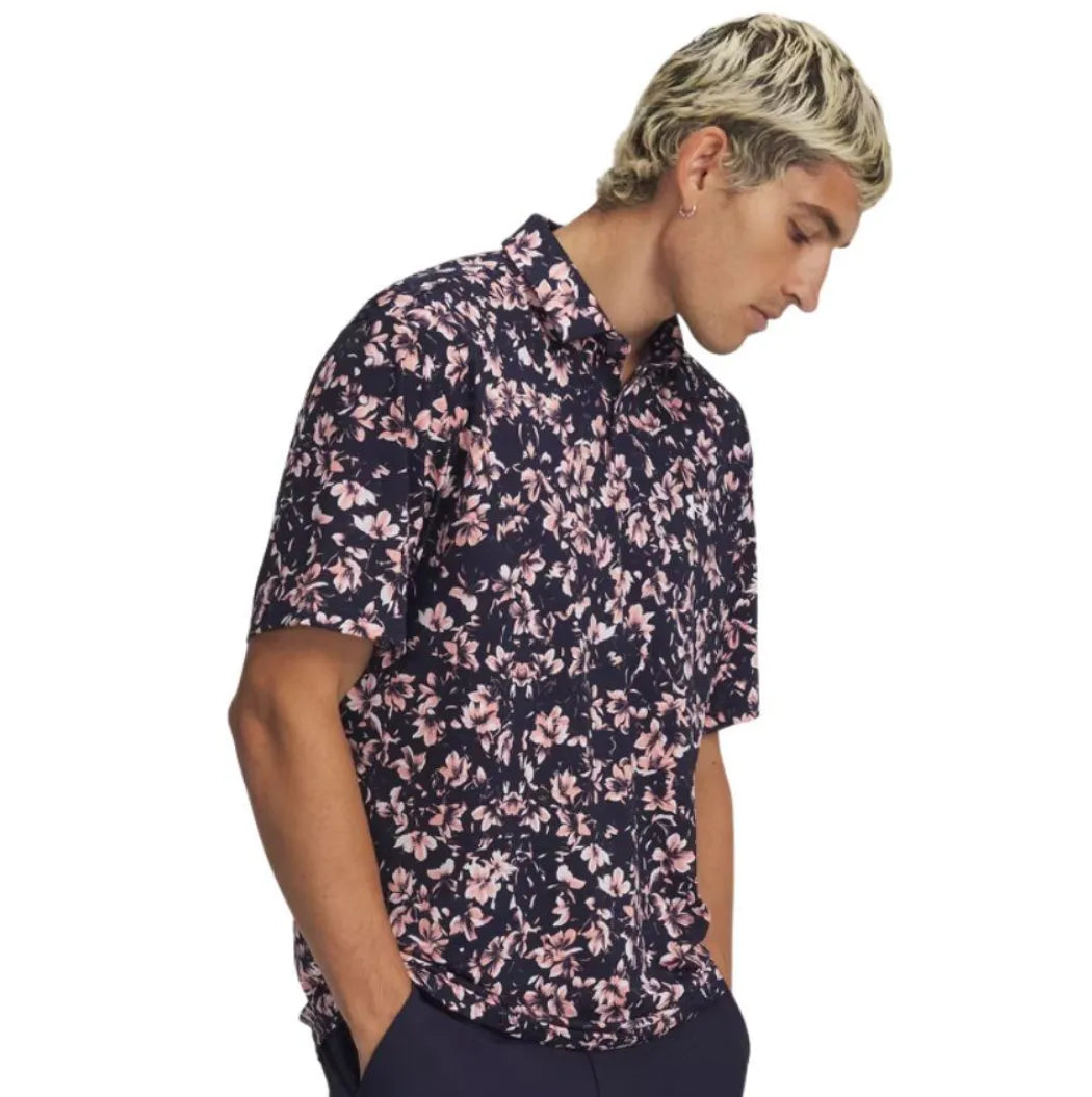 Under Armour Mens Golf Shirt | Matchplay Printed Polo | Midnight Navy-Pink