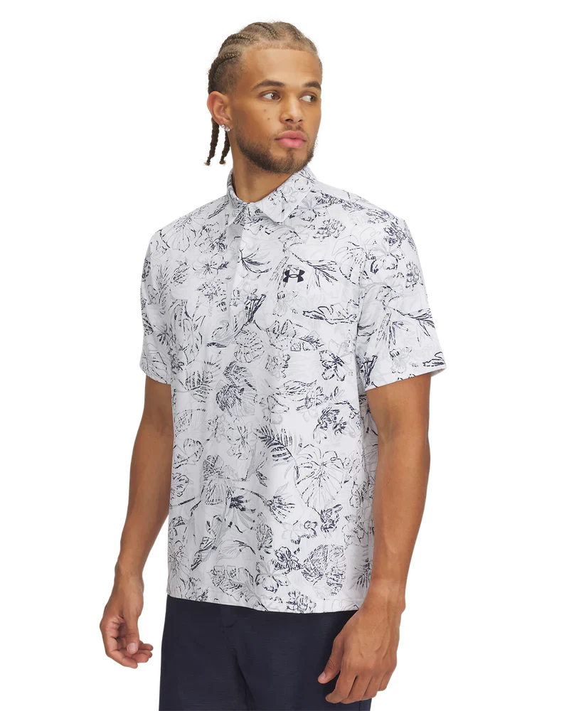 Under Armour Mens Golf Polo | 3.0 Printed Polo | White-Navy-Grey