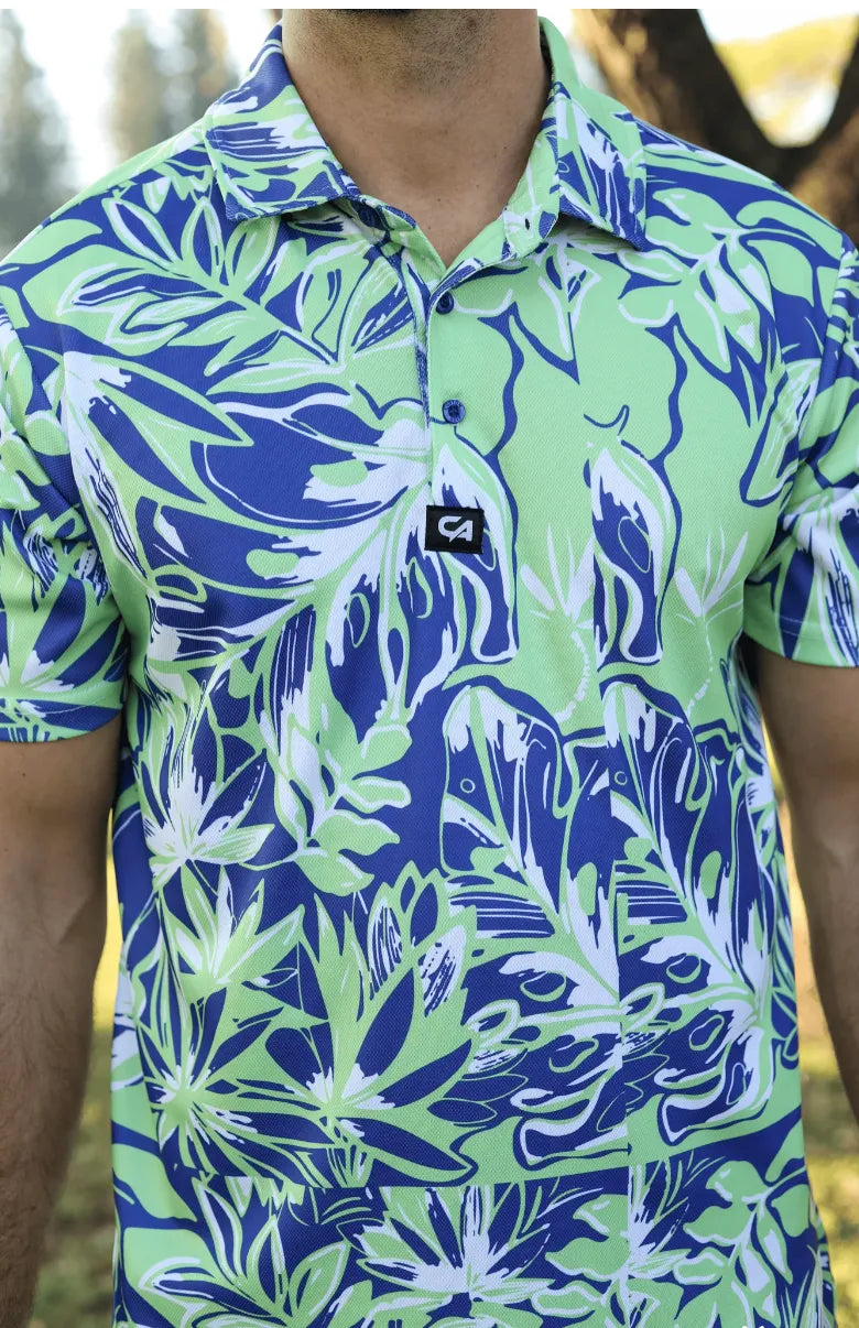 Custom Apparel Mens Golf Shirt | Dryflex | Birdie Blossom | Blue-Green-White