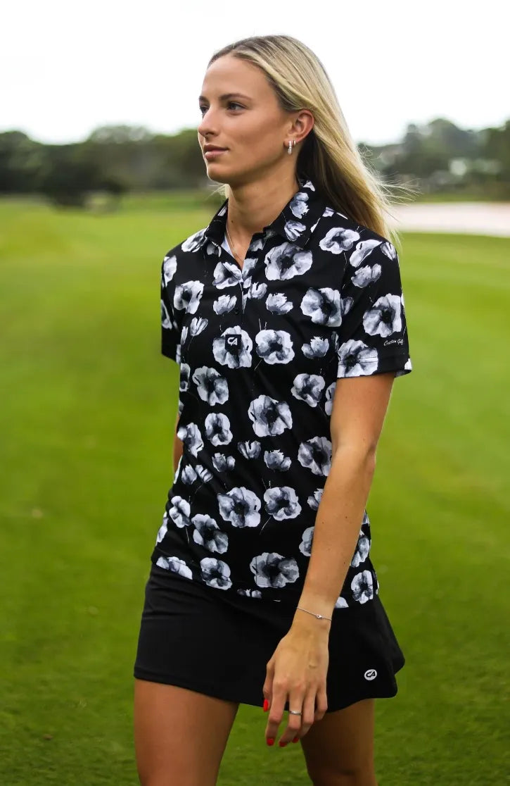 Custom Apparel Womens Funky Golf Shirt | Black Poppies