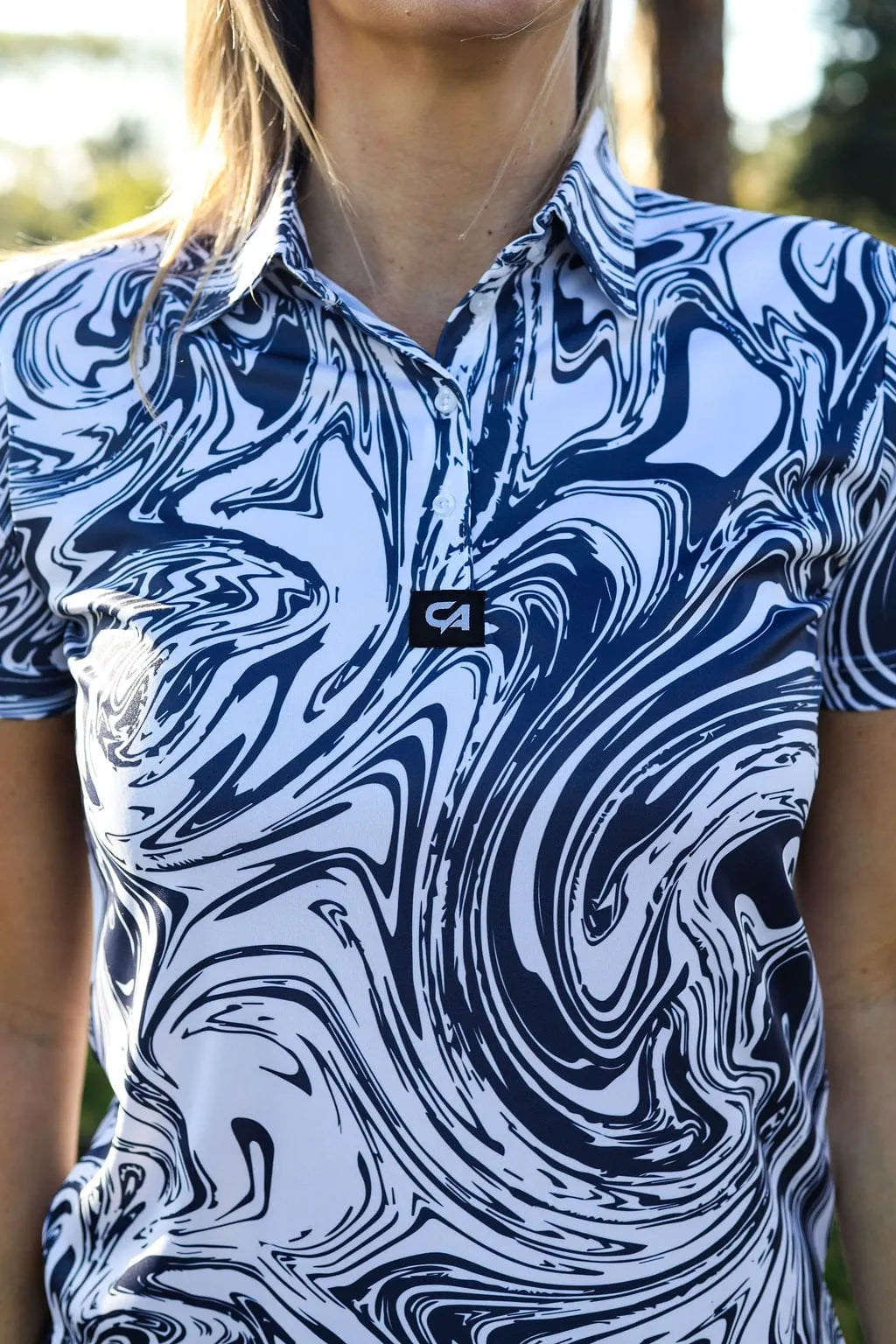 Custom Apparel Womens Funky Golf Shirts | Navy Twirl