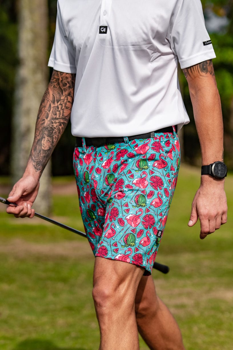 [CAMFSSF30] Custom Apparel Mens Golf Shorts | Funky (Tropical Flamingo, 30)