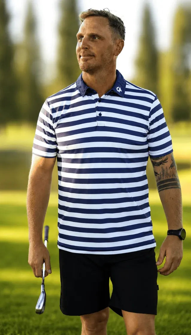 Custom Apparel Mens Golf Shirt | Striped | Navy