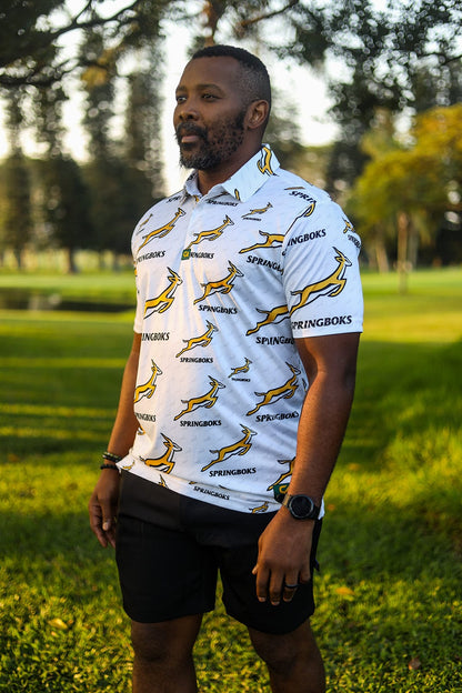 [CAMSBS04] Custom Apparel Mens Golf Shirt | Springbok Print (White, 2XL)