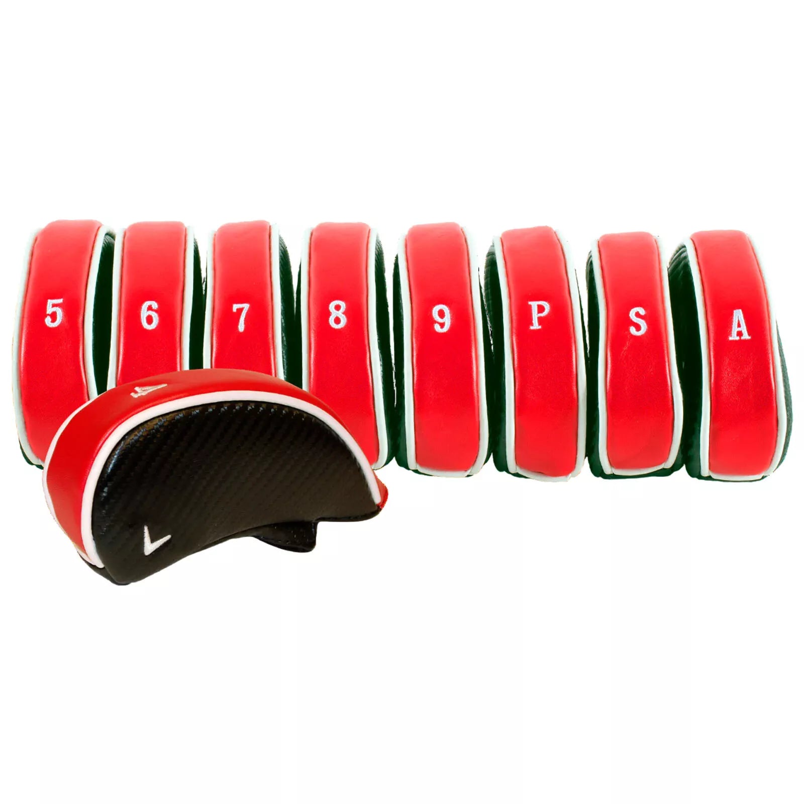 Nike red and green golf club head covers with white lettering.