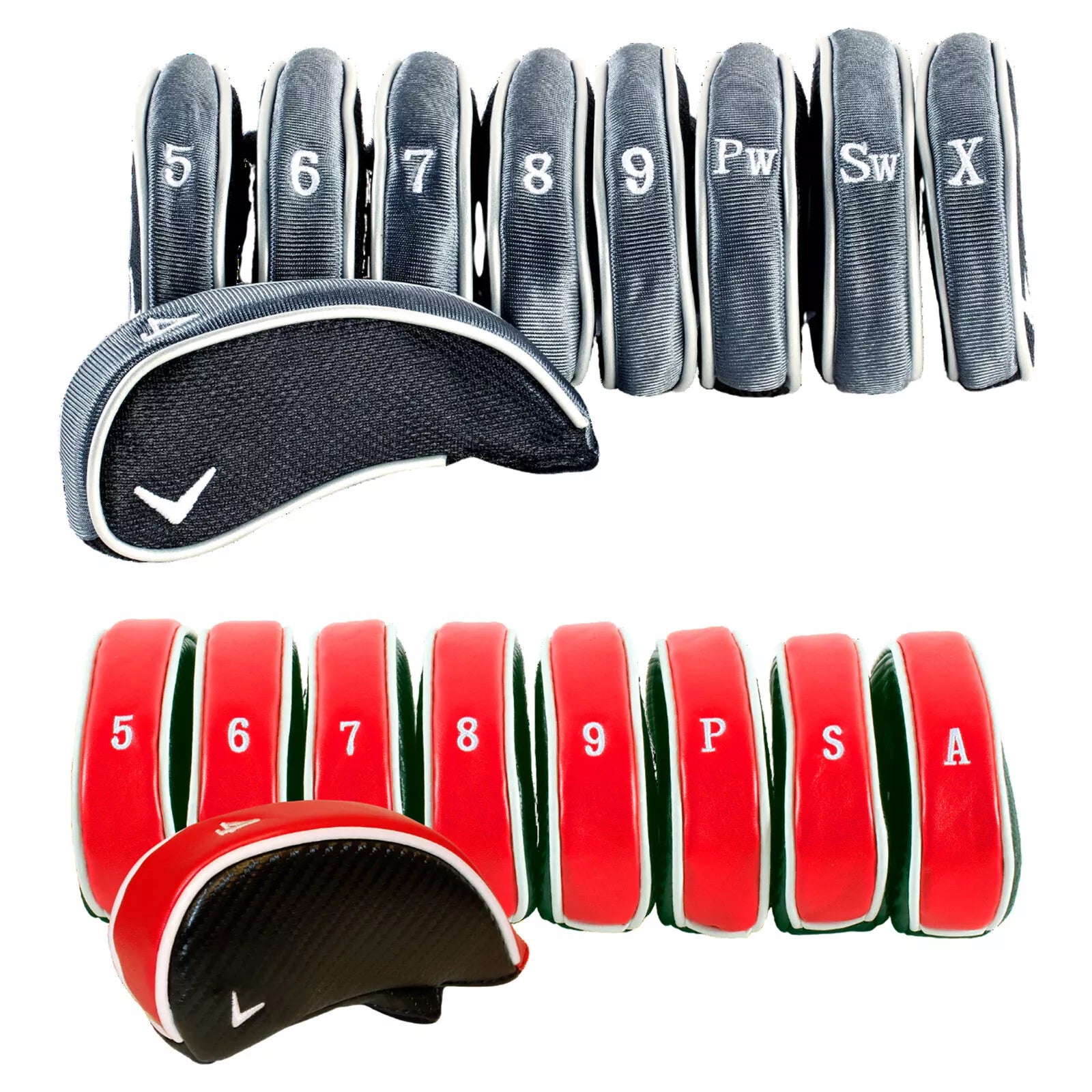 Callaway golf club head covers in black and red with white lettering.