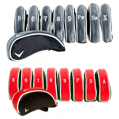 Callaway golf club head covers in black and red with white lettering.