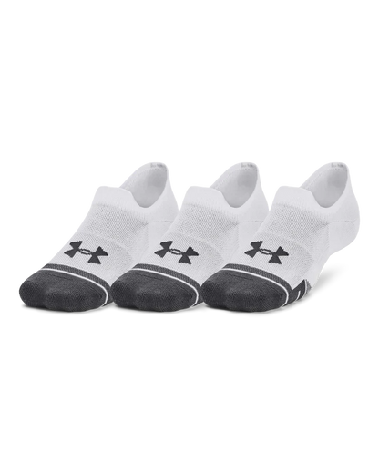 White under armour no-show socks with black accents and logo.