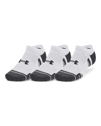 White and gray under armour ankle socks with black logo.