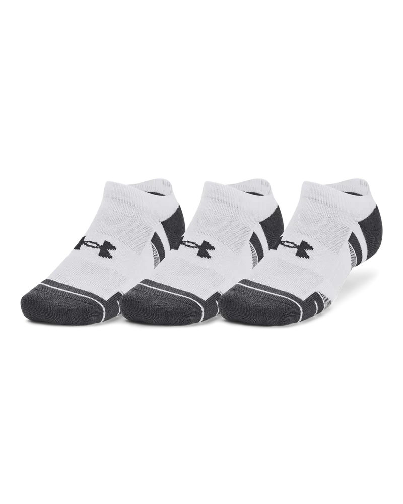 White and gray under armour ankle socks with black logo.