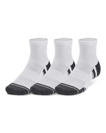 White athletic socks with black accents and ribbed texture, likely made of cotton or polyester blend.