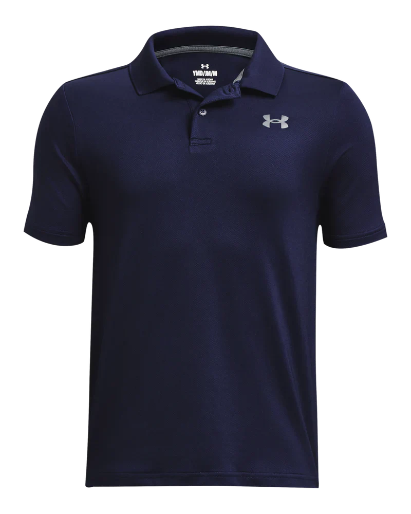 Navy blue under armour polo shirt with short sleeves and a classic collar.