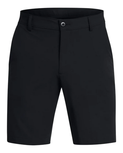 Black golf shorts with a button fly and belt loops.