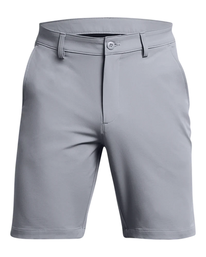 Grey golf shorts with button fly and elastic waistband