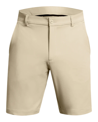 Beige golf shorts with a button fly and belt loops.