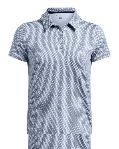 Blue and white monogram polo shirt with short sleeves.