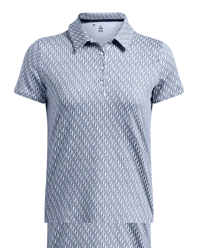 Blue and white monogram polo shirt with short sleeves.