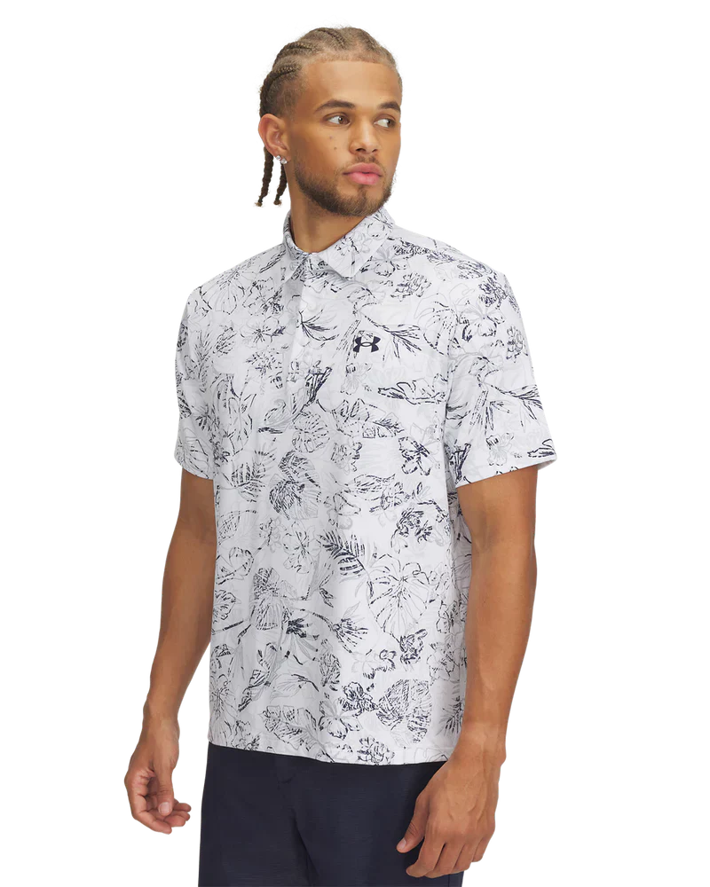 Under Armour Men's Golf Polo | 3.0 Printed Polo | White/Navy/Grey