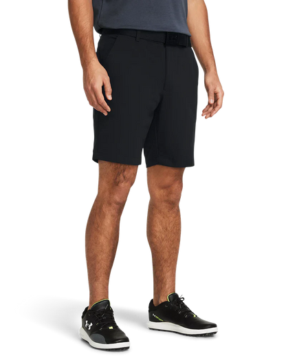 Black under armour shorts with white stripes and logo.