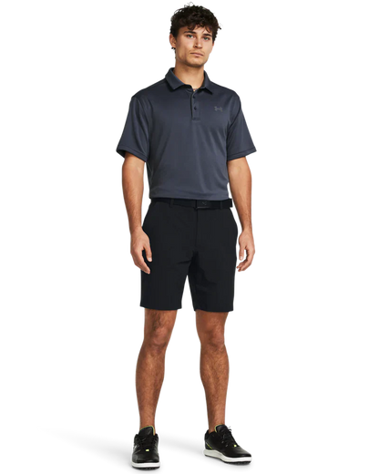 Black golf shorts with a white logo on the left leg.