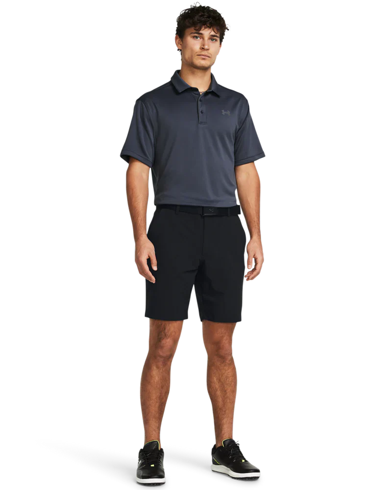Black golf shorts with a white logo on the left leg.