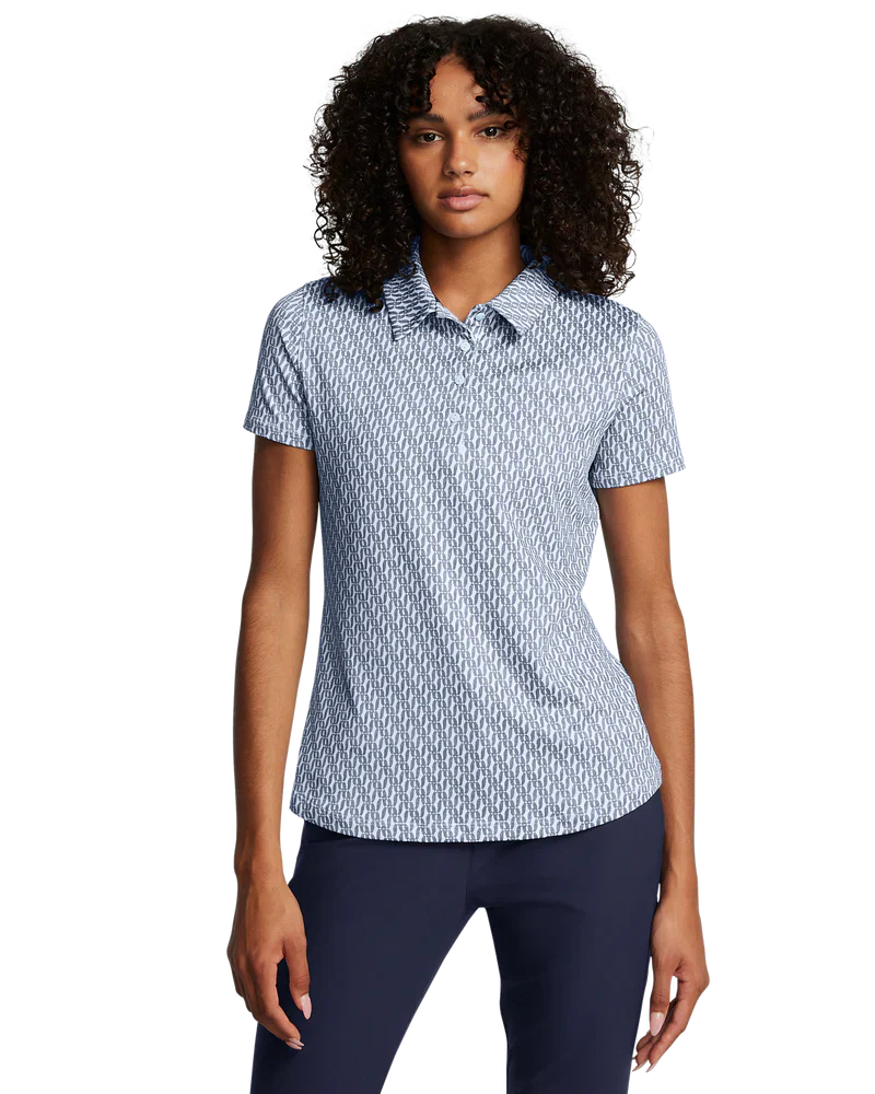 Blue and white patterned short-sleeved button-down shirt with navy pants.