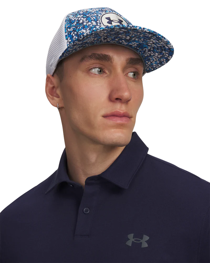 Under Armour Men`s Cap | Chill Drive Low Stretch Fit | White/Blue Flowers